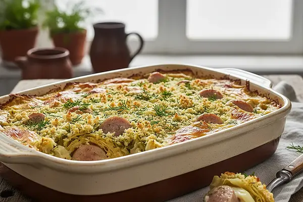 Kremowa Zapiekanka z Młodej Kapusty z Białą Kiełbasą pod Koperkową Kruszonką