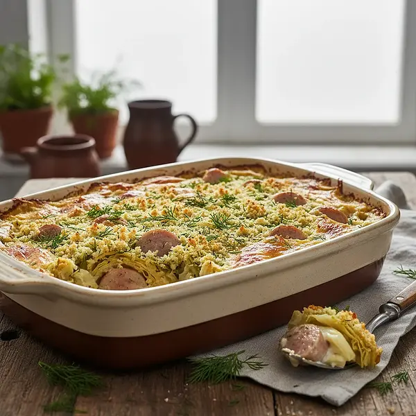 Creamy Young Cabbage Casserole with White Sausage under Dill Crumble