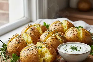 Baked potatoes in herb salt with creamy horseradish cheese spread