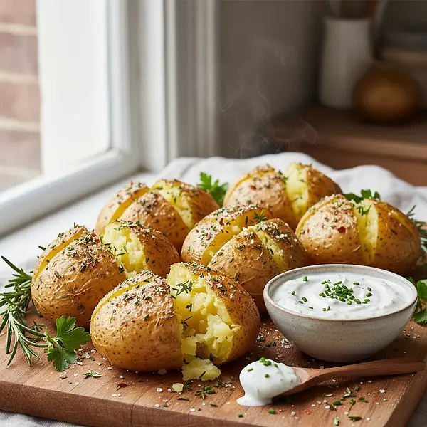 Baked potatoes in herb salt with creamy horseradish cheese spread