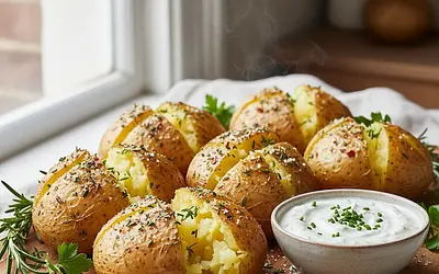 Baked potatoes in herb salt with creamy horseradish cheese spread