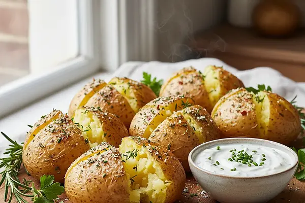 Pieczone ziemniaki w ziołowej soli z kremowym gzikiem chrzanowym