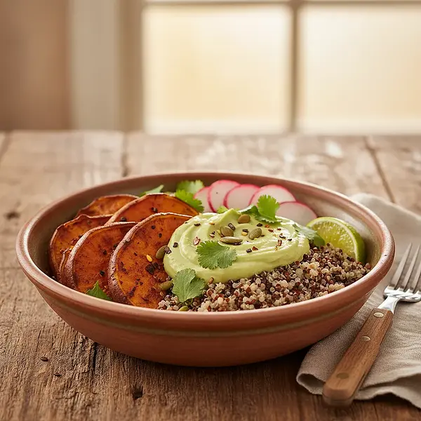 Andyjska Miska Mocy z Quinoa, Wędzonym Batatem i Kremem z Awokado