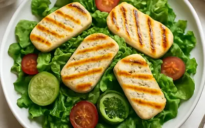 Green salad with grilled halloumi cheese