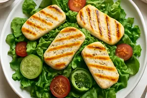Green salad with grilled halloumi cheese