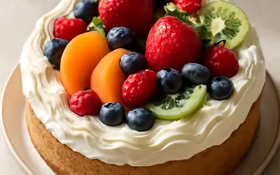 Tort z owocami i bitą śmietaną