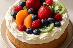 Tort z owocami i bitą śmietaną