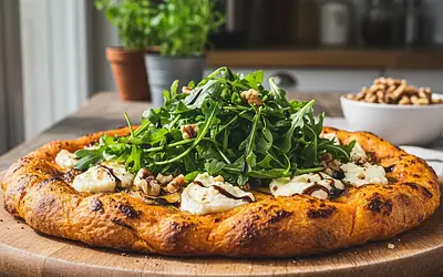 Pizza na spodzie z batatów z kozim serem, rukolą i orzechami włoskimi