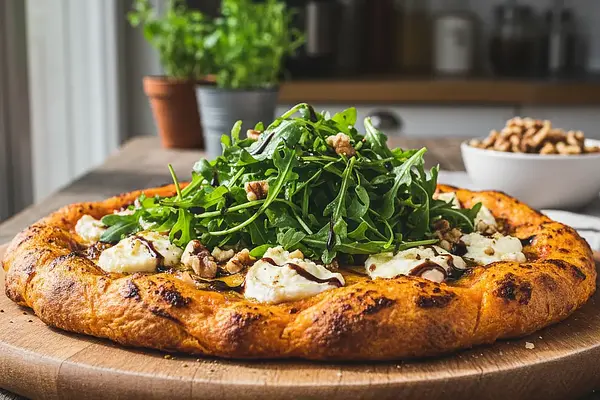 Pizza na spodzie z batatów z kozim serem, rukolą i orzechami włoskimi