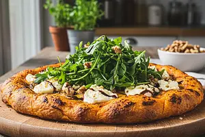 Pizza na spodzie z batatów z kozim serem, rukolą i orzechami włoskimi