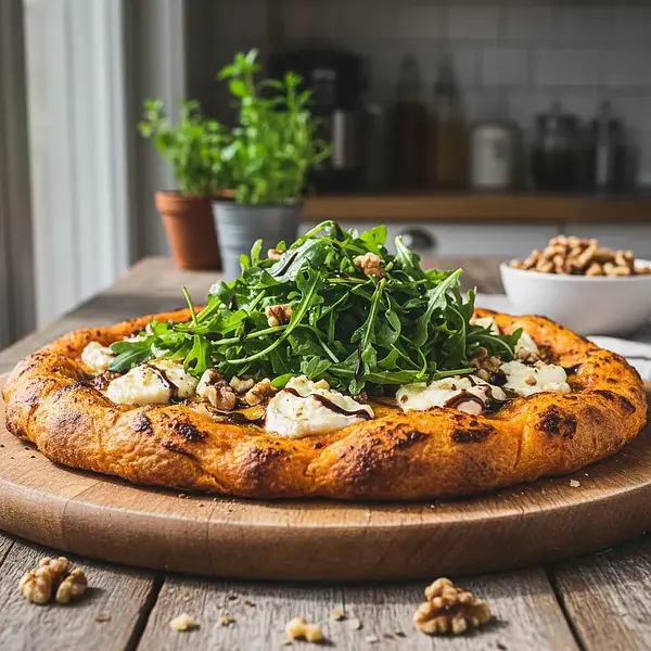 Sweet Potato Crust Pizza with Goat Cheese, Arugula, and Walnuts