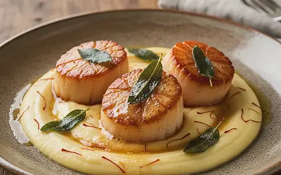 Scallops on Saffron Parsnip Purée with Sage Peanut Butter