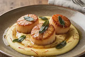 Scallops on Saffron Parsnip Purée with Sage Peanut Butter