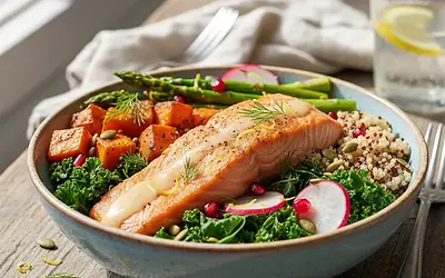 Mighty Thinker's Bowl with Baked Salmon and Lemon Dressing