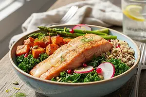 Mighty Thinker's Bowl with Baked Salmon and Lemon Dressing