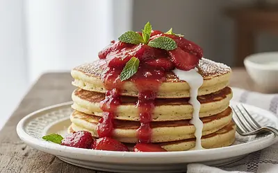 Creamy pancakes with sour milk, roasted strawberry mousse, and mint