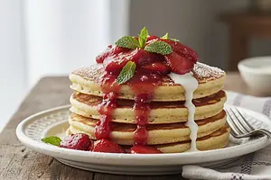 Creamy pancakes with sour milk, roasted strawberry mousse, and mint
