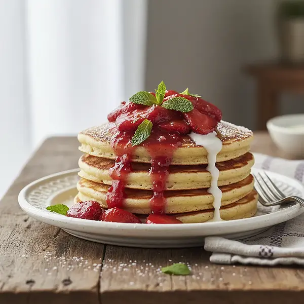 Creamy pancakes with sour milk, roasted strawberry mousse, and mint