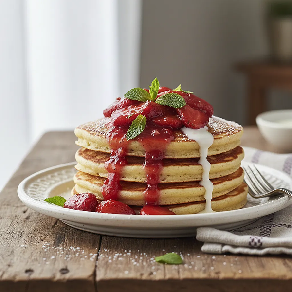 Creamy pancakes with sour milk, roasted strawberry mousse, and mint