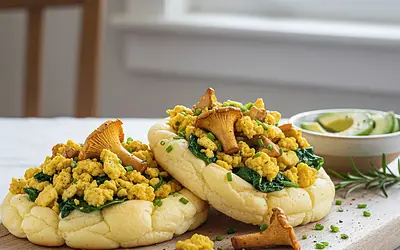 Keto Tofu Scramble with Chanterelles and Spinach on Cloud Bread