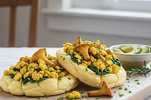 Keto Tofu Scramble with Chanterelles and Spinach on Cloud Bread
