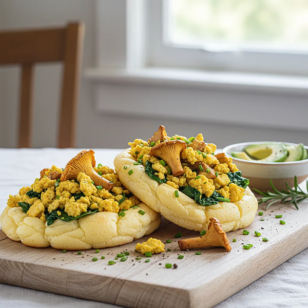 Keto Tofu Scramble with Chanterelles and Spinach on Cloud Bread