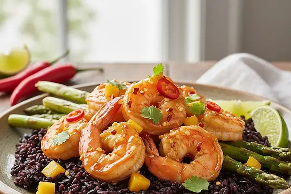 Krewetki Tygrysie w Ostrym Sosie Mango-Chilli z Czarnym Ryżem i Szparagami