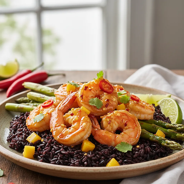 Tiger Prawns in Spicy Mango-Chilli Sauce with Black Rice and Asparagus