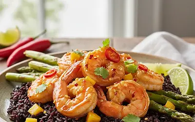 Krewetki Tygrysie w Ostrym Sosie Mango-Chilli z Czarnym Ryżem i Szparagami