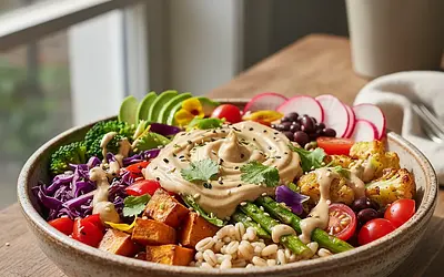 Tęczowy Power Bowl z Kaszą Pęczak, Pieczonymi Warzywami i Sosem Tahini