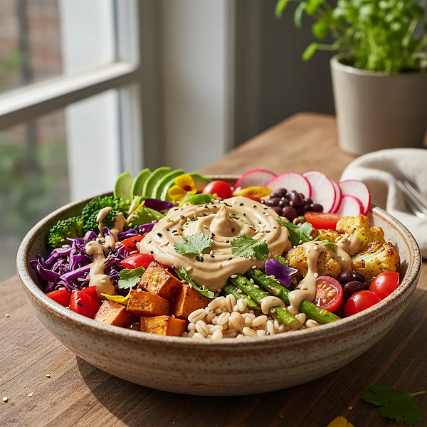 Tęczowy Power Bowl z Kaszą Pęczak, Pieczonymi Warzywami i Sosem Tahini