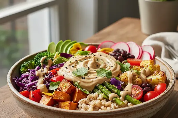 Tęczowy Power Bowl z Kaszą Pęczak, Pieczonymi Warzywami i Sosem Tahini