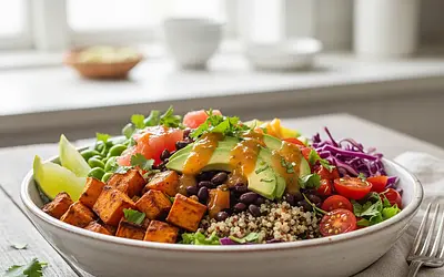 Rainbow Power Bowl with Roasted Sweet Potato, Black Beans, and Refreshing Citrus Dressing