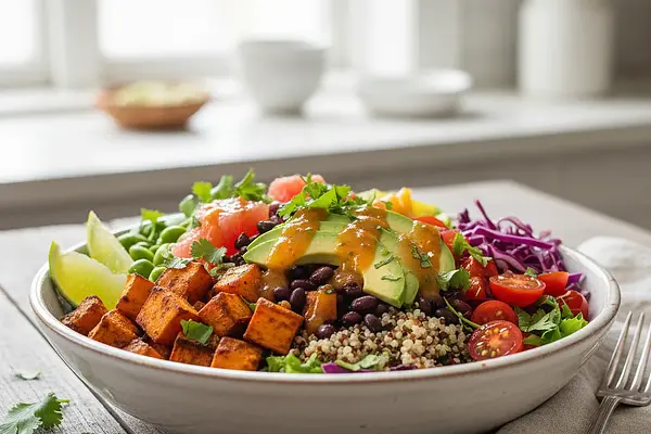 Tęczowa Miska Mocy z Pieczonym Batatem, Czarną Fasolą i Orzeźwiającym Dressingiem Cytrusowym