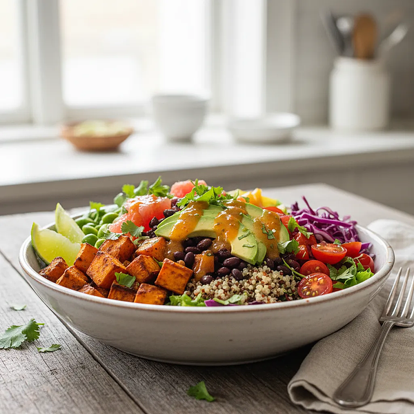 Tęczowa Miska Mocy z Pieczonym Batatem, Czarną Fasolą i Orzeźwiającym Dressingiem Cytrusowym