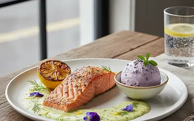 Grilled salmon with lemon-dill sauce and homemade lavender ice cream