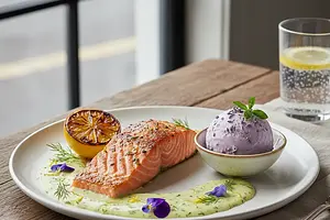 Grilled salmon with lemon-dill sauce and homemade lavender ice cream