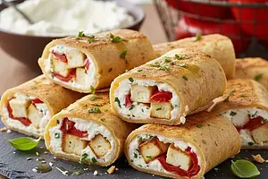 Rollsy z Tortilli z Whipped Feta, Halloumi i Pieczoną Papryką