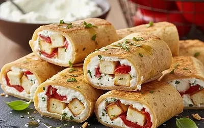 Rollsy z Tortilli z Whipped Feta, Halloumi i Pieczoną Papryką
