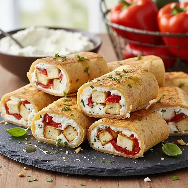 Rollsy z Tortilli z Whipped Feta, Halloumi i Pieczoną Papryką