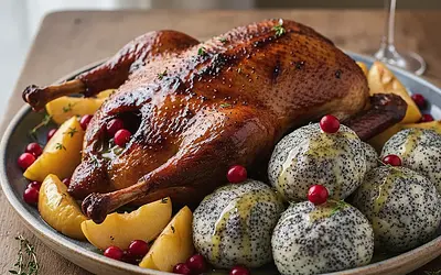 Slow-Roasted Duck with Apples and Cranberries served with Silesian Dumplings with Poppy Seeds