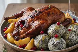 Slow-Roasted Duck with Apples and Cranberries served with Silesian Dumplings with Poppy Seeds