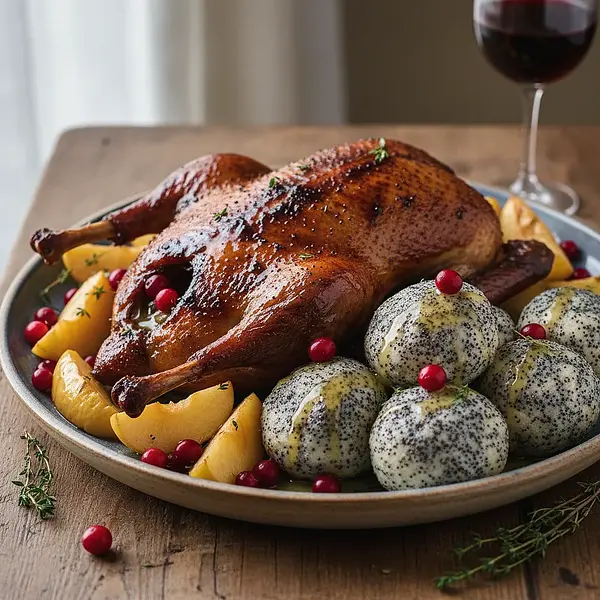Slow-Roasted Duck with Apples and Cranberries served with Silesian Dumplings with Poppy Seeds