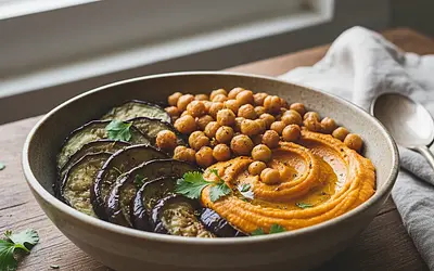 Power Bowl with Roasted Eggplant, Sweet Potato Hummus, and Crispy Chickpeas