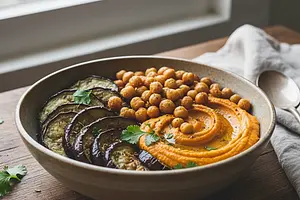 Power Bowl with Roasted Eggplant, Sweet Potato Hummus, and Crispy Chickpeas