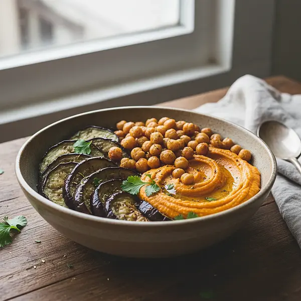 Power Bowl with Roasted Eggplant, Sweet Potato Hummus, and Crispy Chickpeas