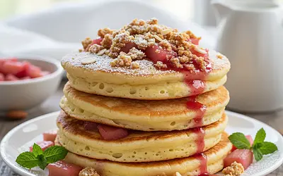 Fluffy Kefir Cake with Rhubarb and Almond Crumble