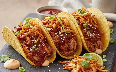 Tacos z Szarpaną Wieprzowiną Gochujang i Smażonym Kimchi