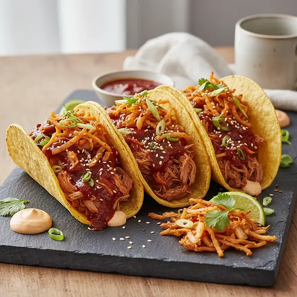 Tacos with Pulled Pork Gochujang and Fried Kimchi