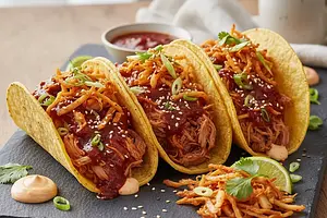 Tacos with Pulled Pork Gochujang and Fried Kimchi